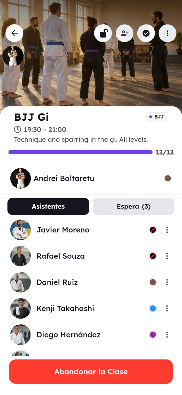 Detalle de una clase de BJJ Gi con los alumnos apuntados y la lista de espera